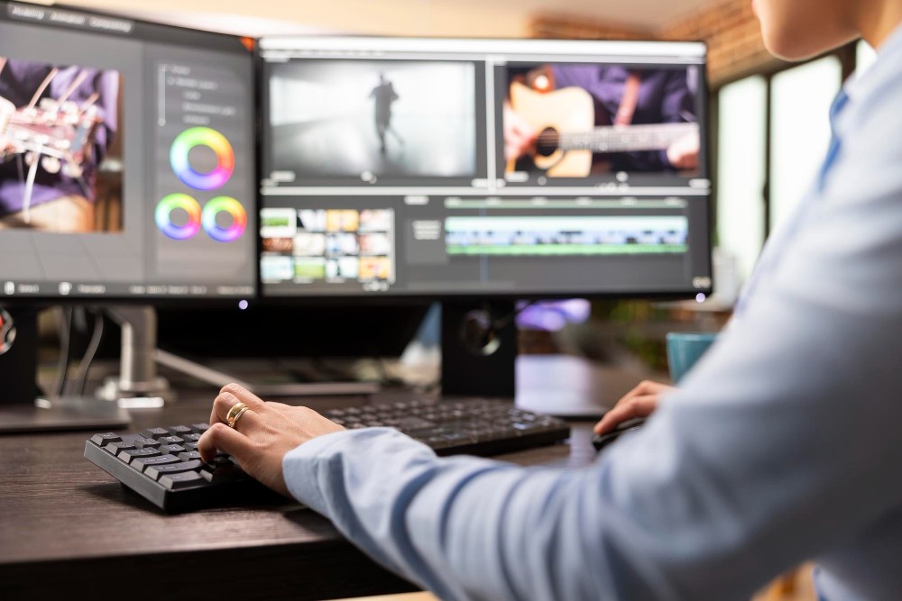 Business Videos Production The Estates of Oyster Creek studio showcasing a multi-screen setup for video editing and a dedicated editor.