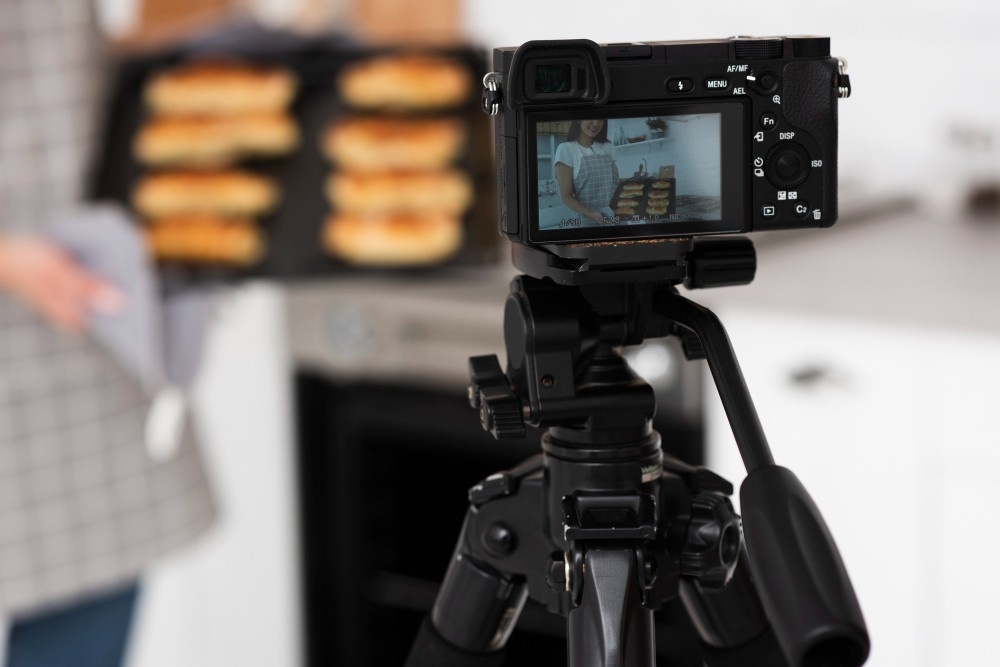 Business Videos Production The Estates of Oyster Creek – camera recording a person holding a tray of freshly baked sandwiches in a kitchen