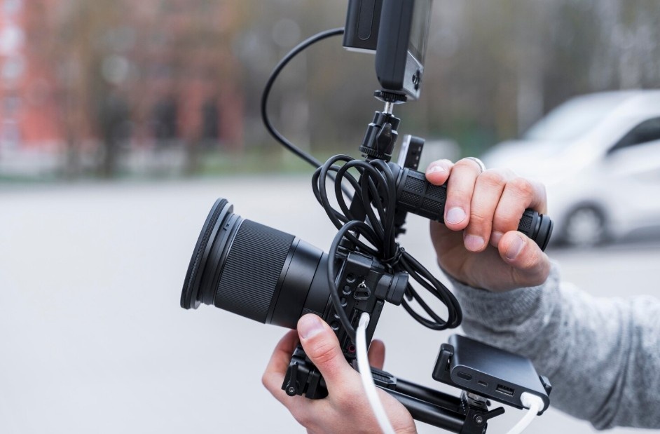 Close-up of a person's hands operating a professional video camera with a stabilizer rig, illustrating the work of a Business Videos Agency in Covington West