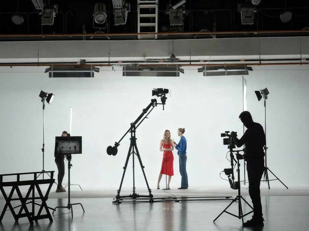 Professional corporate video production company in Sugar Land filming a dynamic scene with advanced camera and lighting setups in a modern studio.
