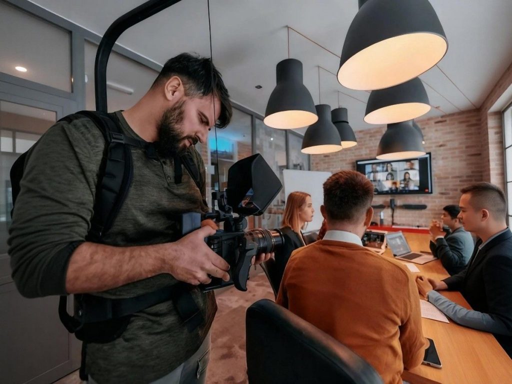 Expert Sugar Land video production crew capturing dynamic business meeting footage with professional camera equipment for engaging corporate videos.