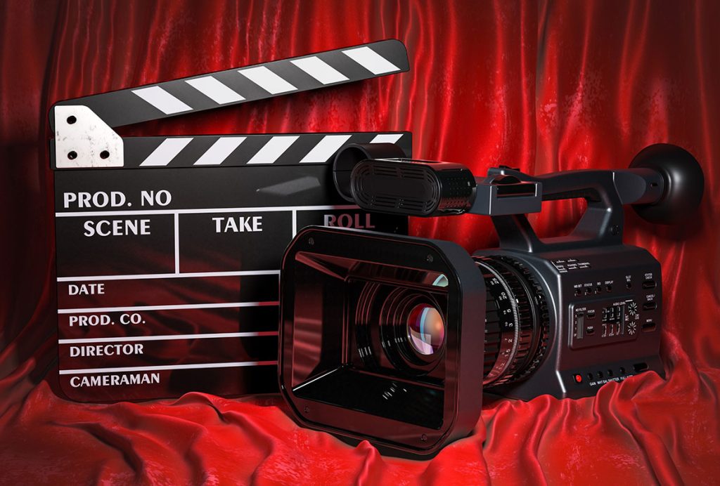High-quality camera equipment used in promotional videos production Sugar Land with red backdrop.