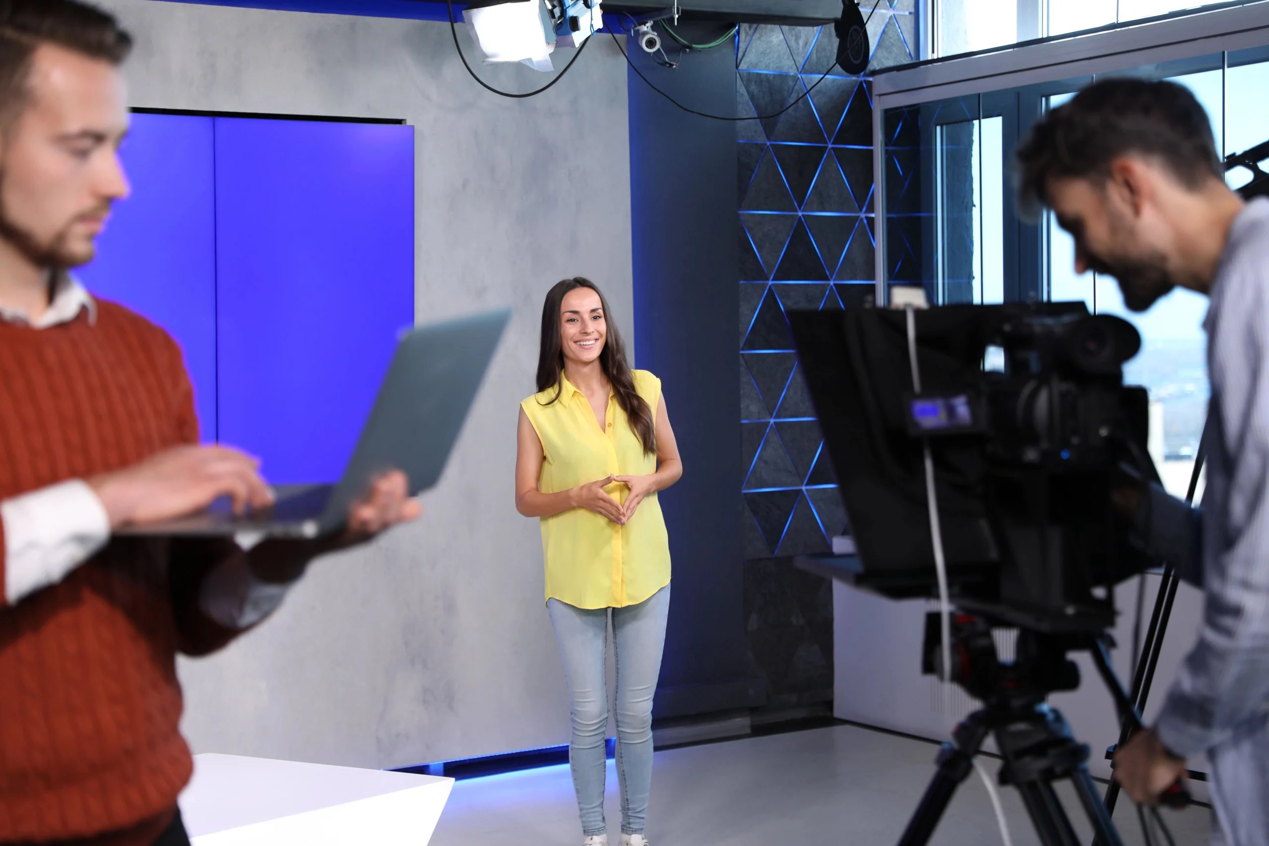 Promotional video production team doing promotional video production with a client during a creative filming session