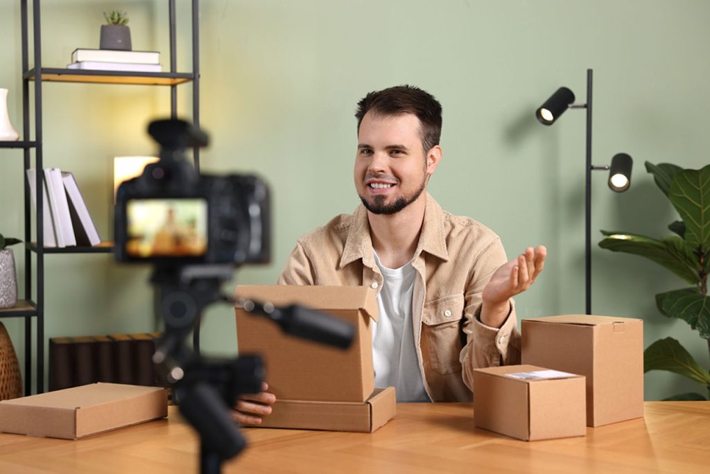 Business videos agency Sugar Land filming a male influencer unboxing packages for a professional product review.
