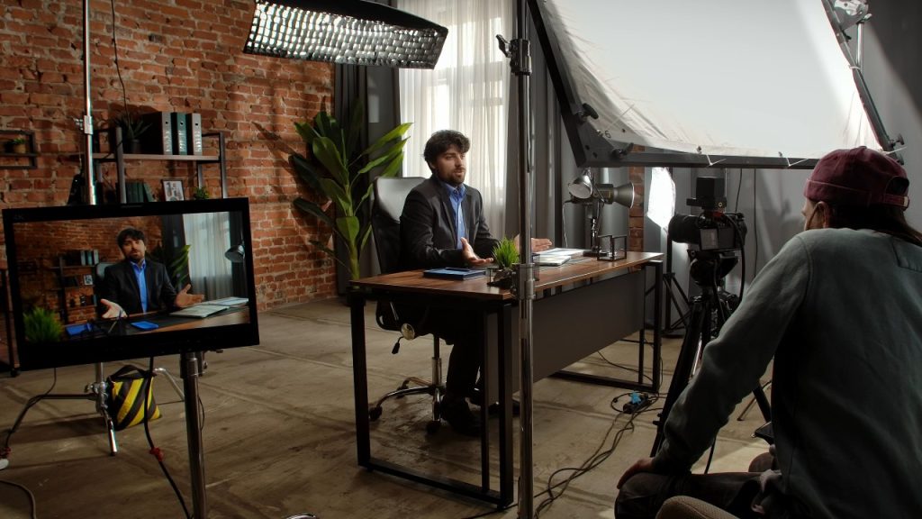Modern interview studio setup with professional lighting by a corporate video production company Sugar Land TX.