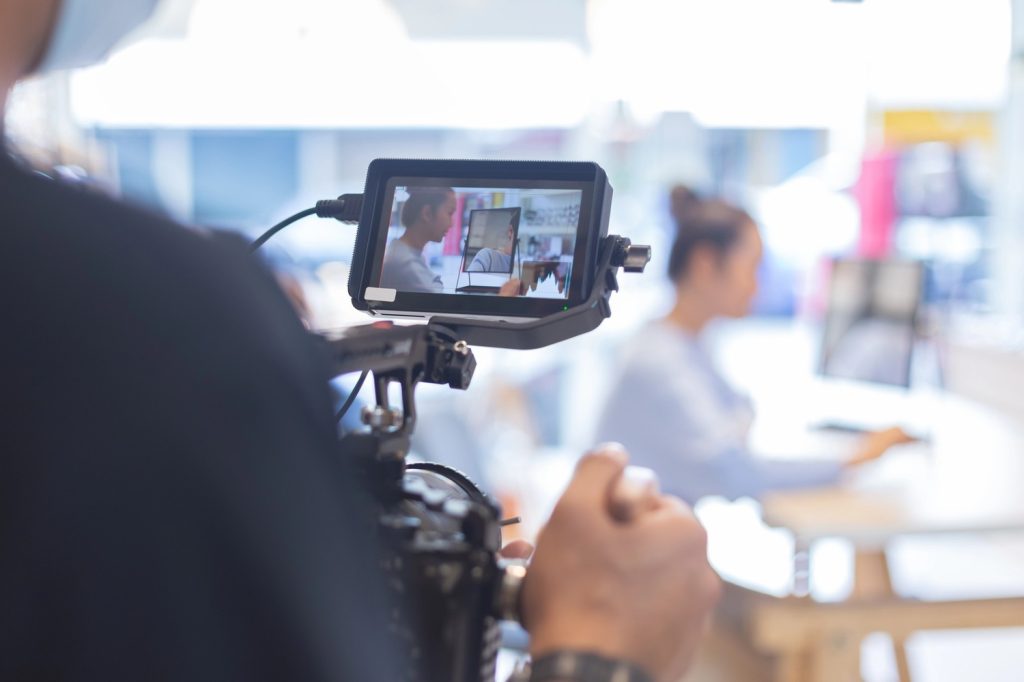 High-end cinematography monitor on set with a leading corporate video production agency Sugar Land filming a project.