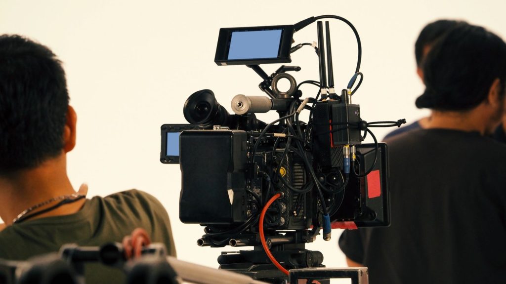 Detailed view of a cinema camera rig setup used during a commercial video production Sugar Land business shoot.