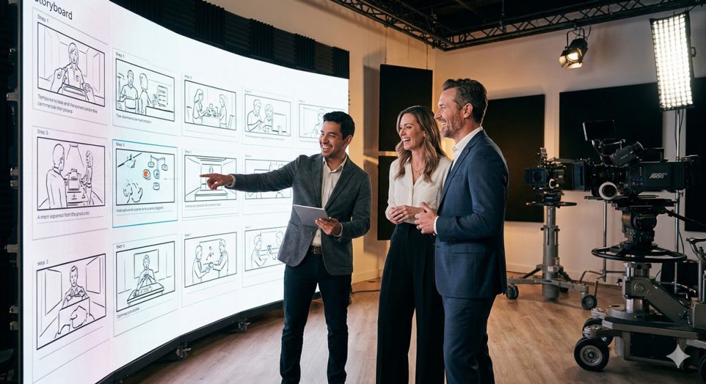 Brand managers collaborating with a top commercial video production company Sugar Land team on a cinematic storyboard.