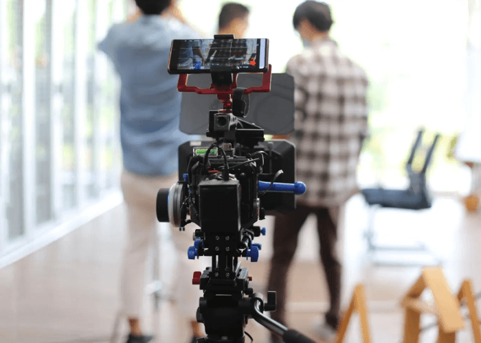 Professional camera rig setup for high-end commercial video production Sugar Land on a bright indoor movie set.