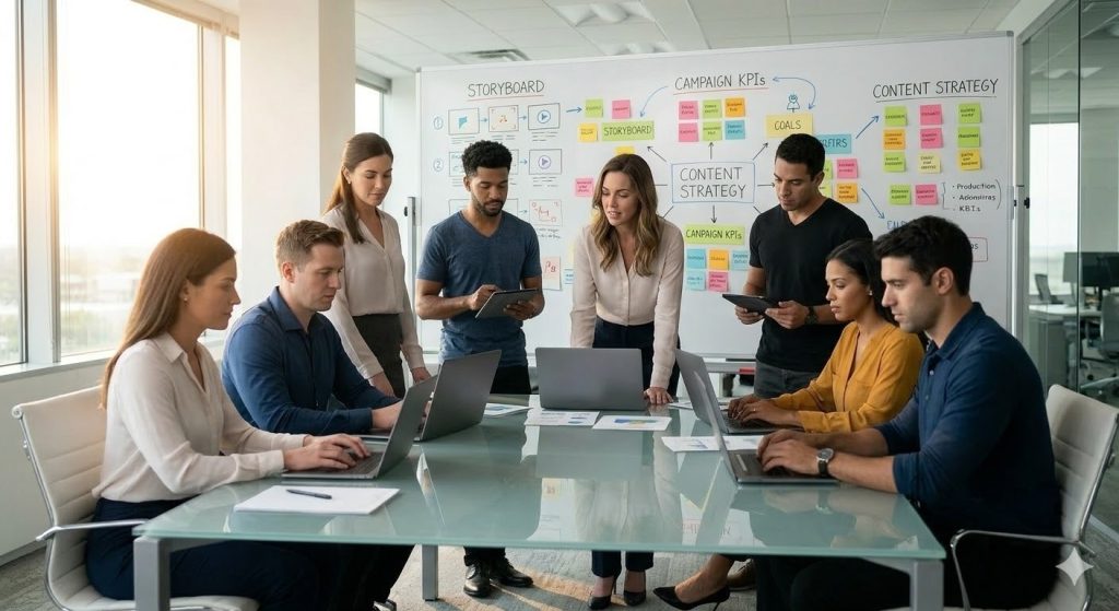 A creative marketing team brainstorms a new campaign strategy for a sugar land video production project