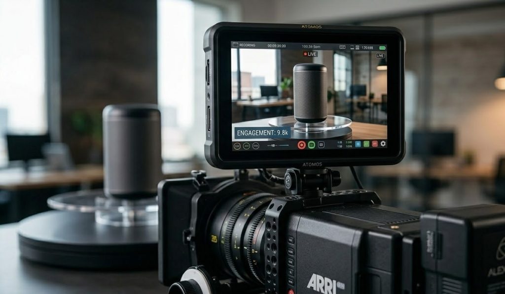A sugar land video production professional monitor close-up: filming a sleek smart speaker live with high engagement.
