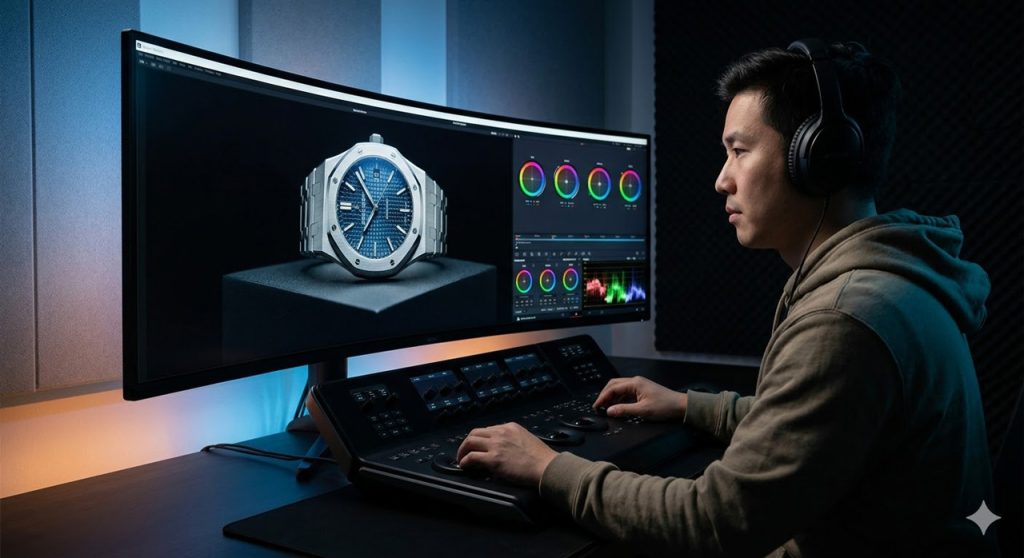 A commercial video production company Sugar Land grades high-end watch footage on a professional HDR monitor.