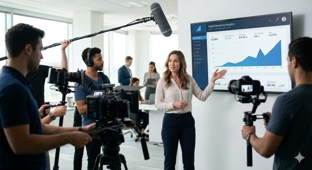 A professional crew films a corporate presentation, showcasing top-tier sugar land video production services.