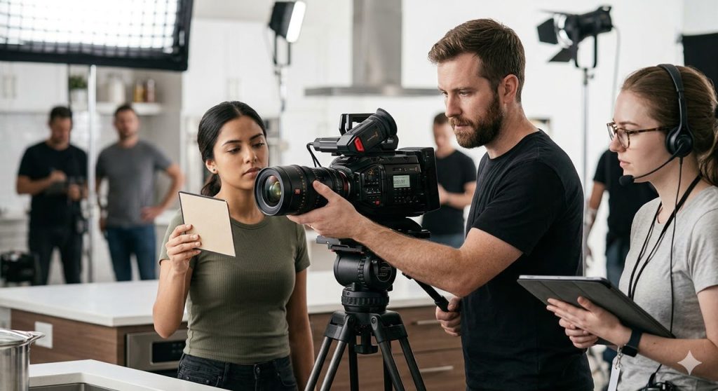 A skilled crew of a top commercial video production company Sugar Land films a precise, complex product commercial on set.