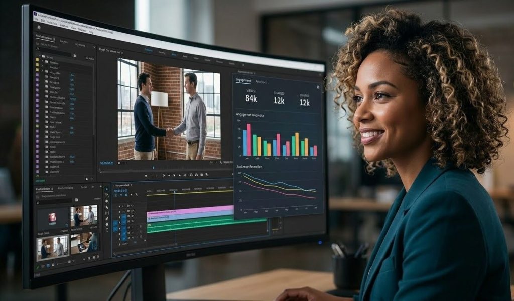 A sugar land video production marketing professional analyzing colorful bar charts and engagement metrics on a large screen.