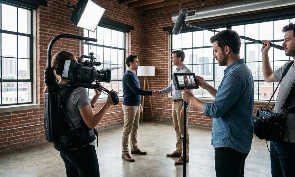 Professional sugar land video production crew films a handshake scene in a modern workspace for commercial marketing.
