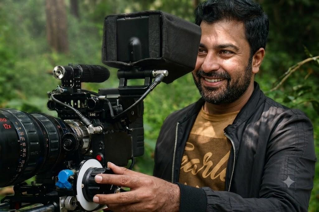 A smiling videographer on an outdoor shoot adjusting settings with a top corporate video production agency sugar land.