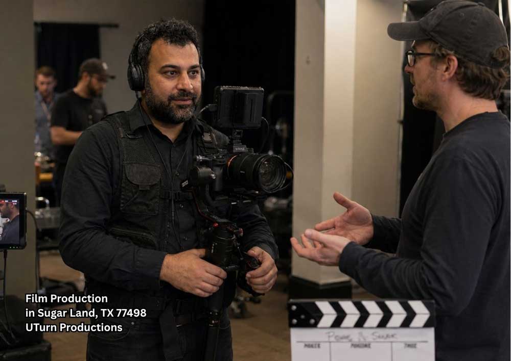 Videographer discussing camera setup with director on set during a real commercial shoot for film production Sugar Land