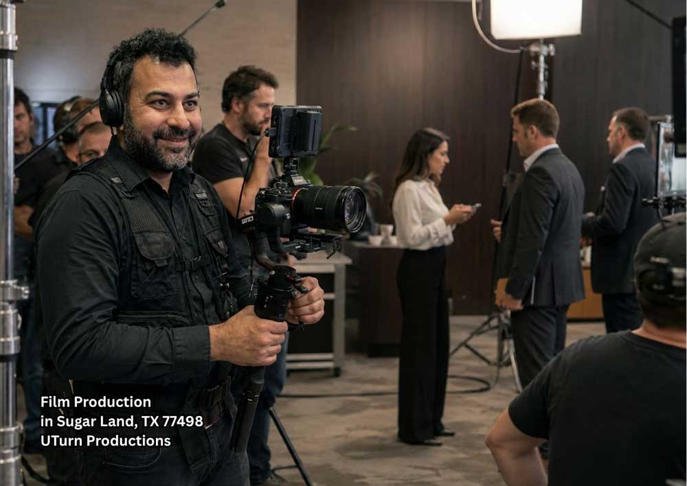 Videographer filming a real production day on a busy set with crew, lights, and cameras for film production Sugar Land