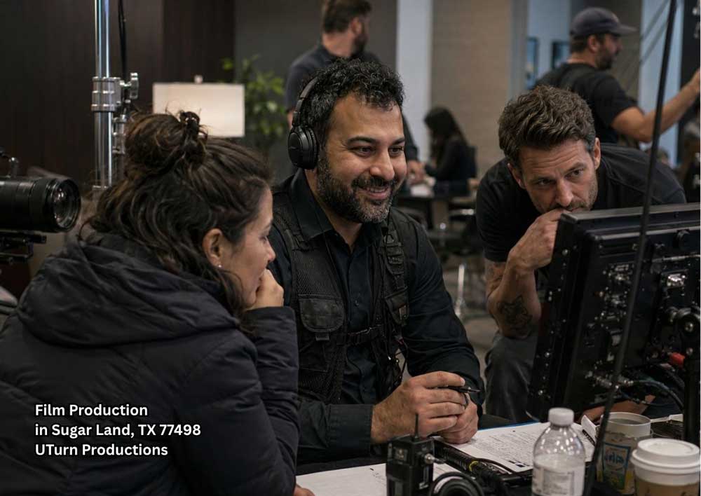 Videographer reviewing footage with crew at studio during a real shoot for professional film production Sugar Land