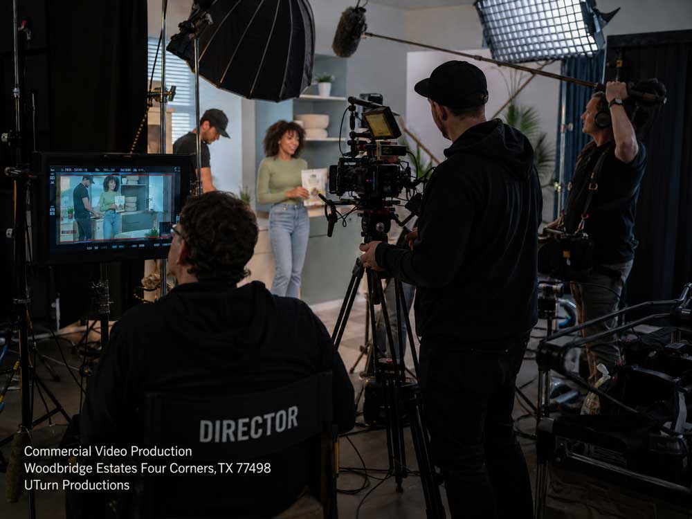 A film crew filming a kitchen ad, showcasing commercial video production sugar land services on a professional set.