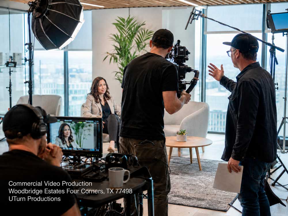 Professional crew filming a corporate interview, highlighting commercial video production sugar land expertise.