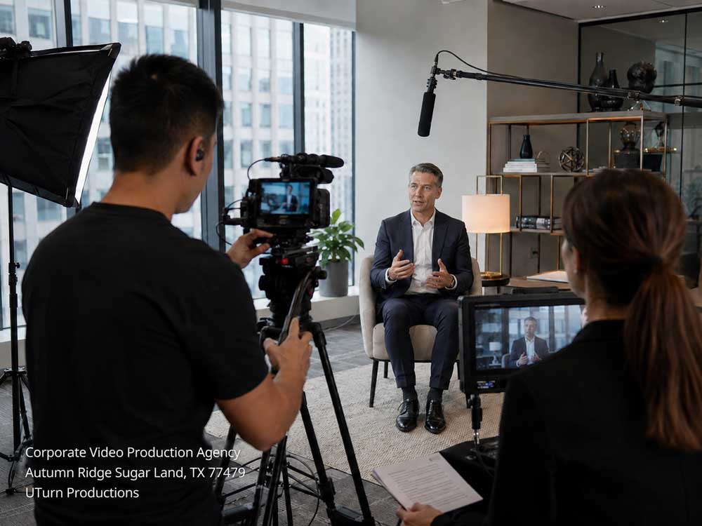 Experienced corporate video production agency in Sugar Land filming an executive interview in a high-rise office.