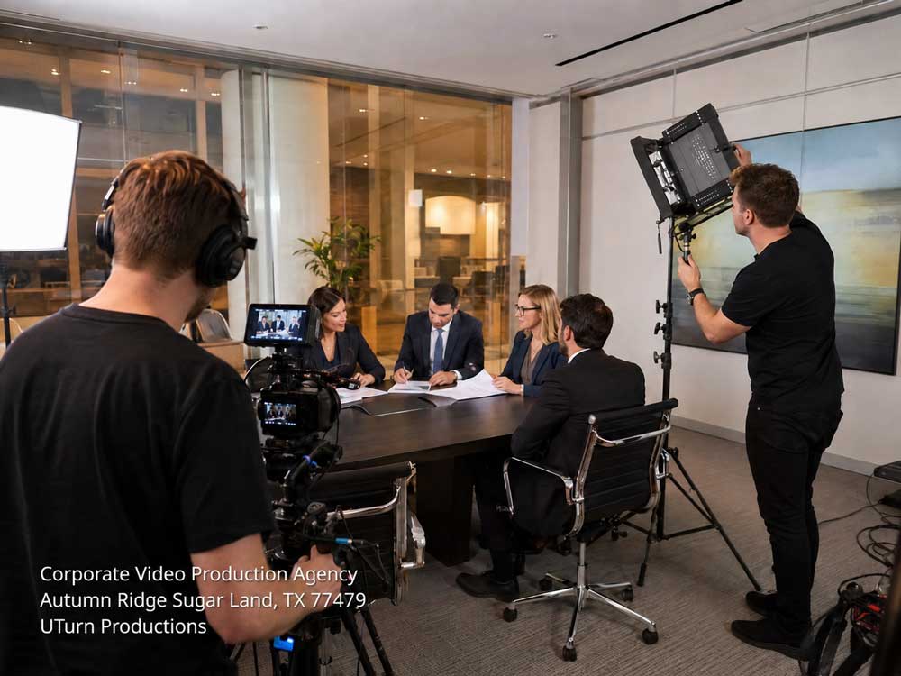 Professional film crew filming a commercial interview for a corporate video production agency in Sugar Land.