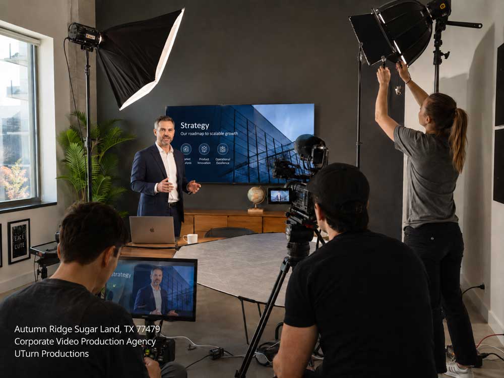 Camera crew filming a business presenter for a top-tier corporate video production agency in Sugar Land TX