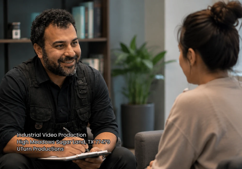 Smiling producer interviewing a client for an industrial video production sugar land corporate project.