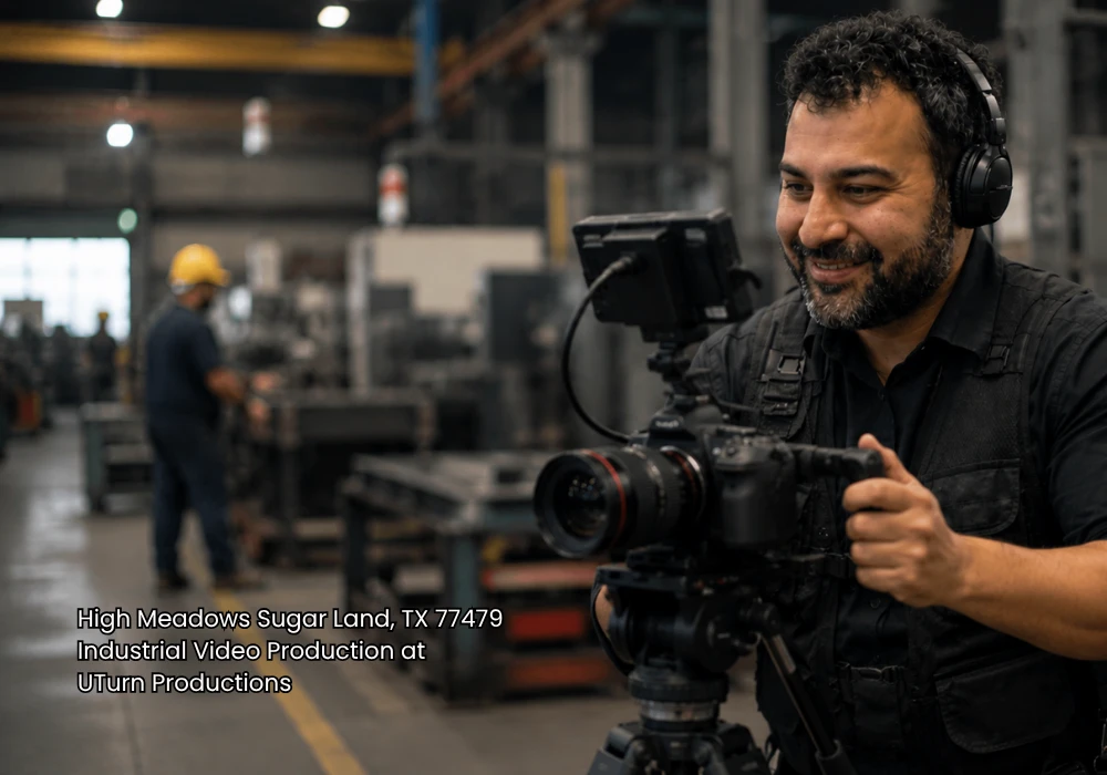 Videographer monitoring a professional camera during an industrial video production sugar land commercial shoot.