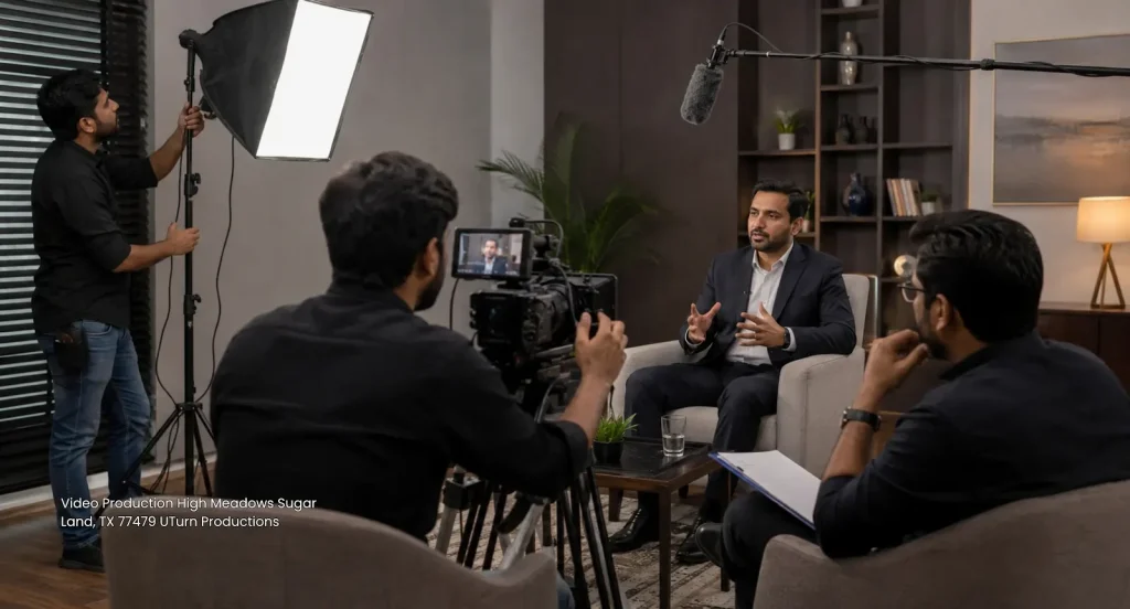 A corporate interview setup featuring studio lights and cameras managed by Sugar Land video production experts.