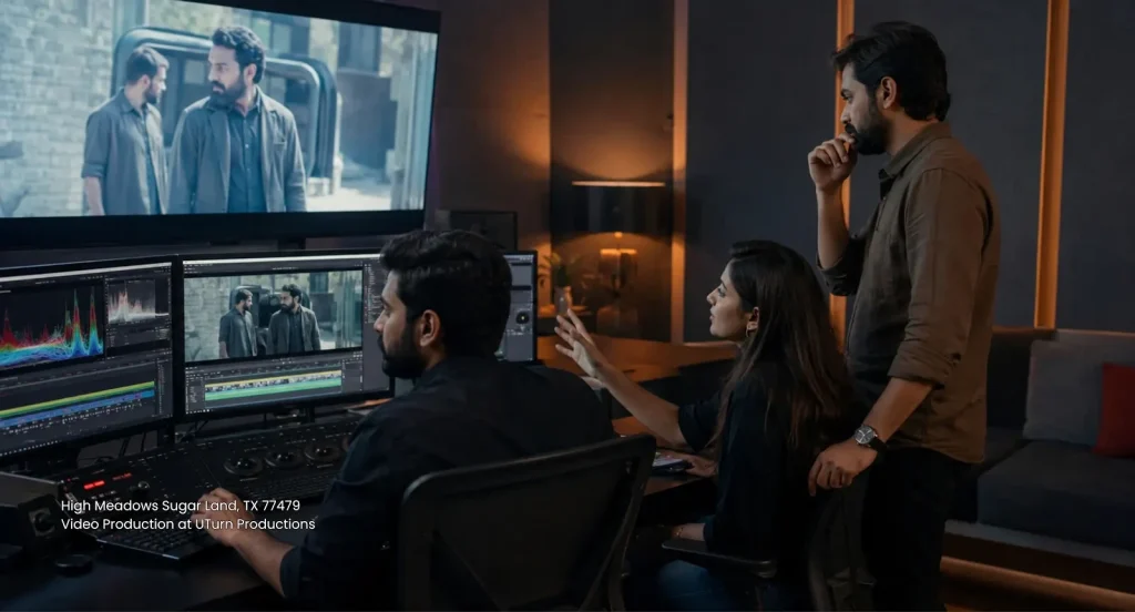 Creative team reviewing post-production footage on studio monitors for professional Sugar Land video production.