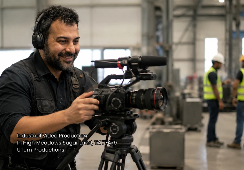 Cameraman capturing footage inside a manufacturing facility for industrial video production sugar land.