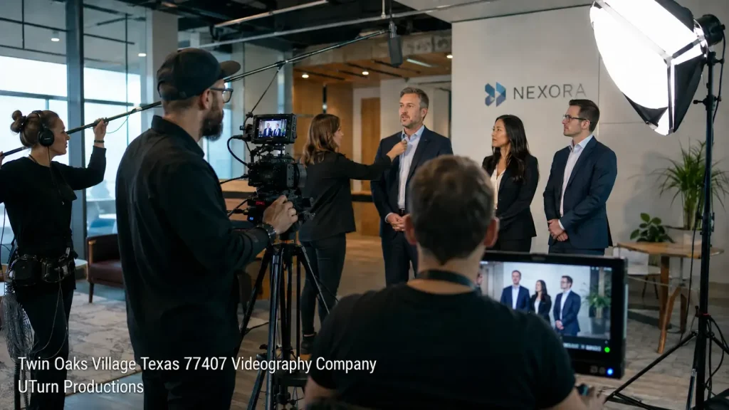 Professional videography company Sugar Land film crew recording an interview with a corporate business team on set.