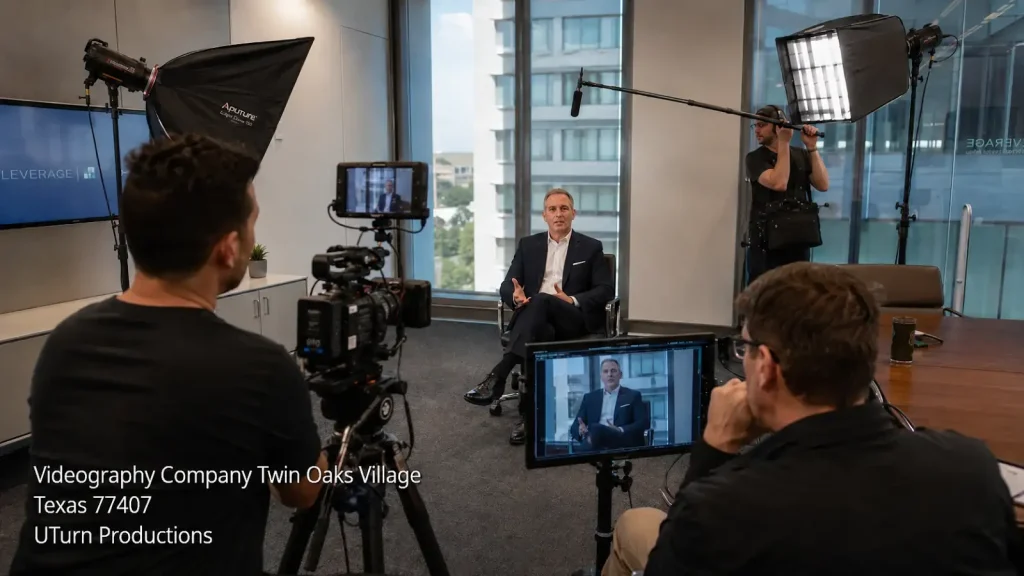 Professional videography company Sugar Land filming a seated corporate interview with professional studio lights.
