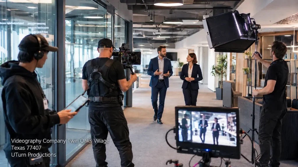 Professional videography company Sugar Land camera crew tracking corporate professionals walking in a modern office.