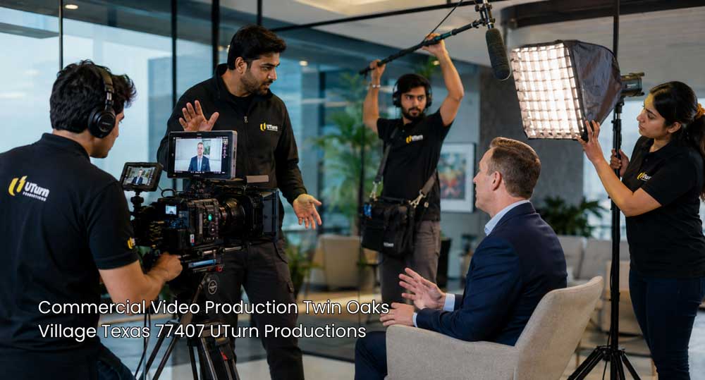 Film crew conducting a corporate interview for commercial video production Sugar Land services by UTurn Productions.