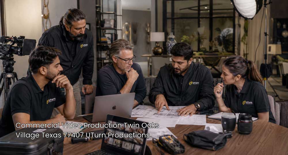 Professional team planning a shoot for commercial video production Sugar Land with UTurn Productions in a studio setup.