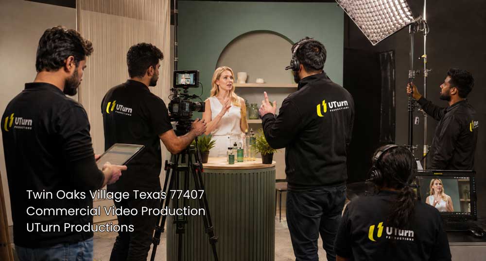Studio setup for commercial video production Sugar Land by UTurn Productions filming a product spokesperson on set.