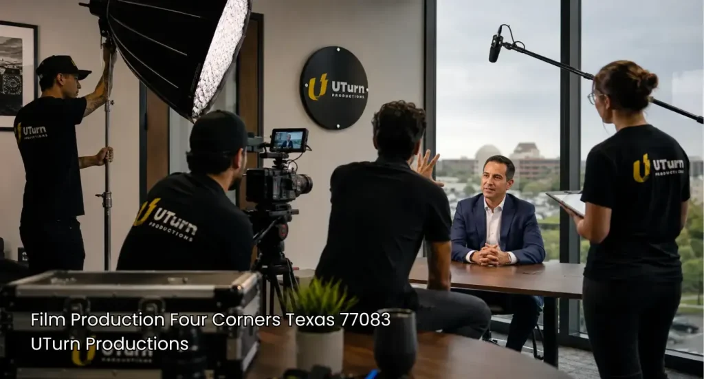 Professional crew setting up lighting for an executive interview with a film production Sugar Land team.