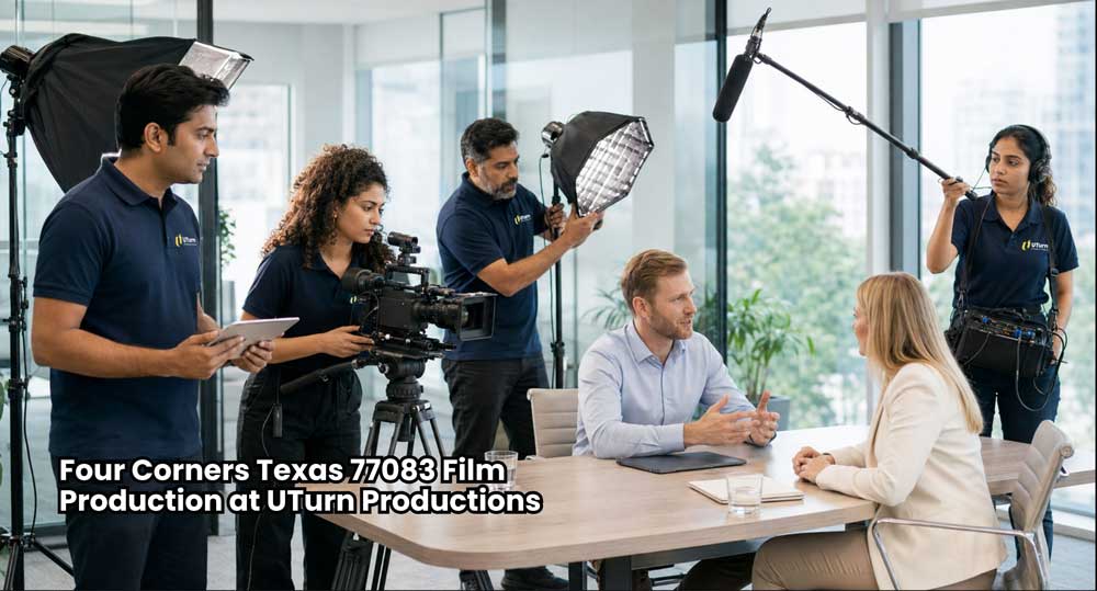 Professional film production Sugar Land crew recording an executive corporate interview inside a modern office.