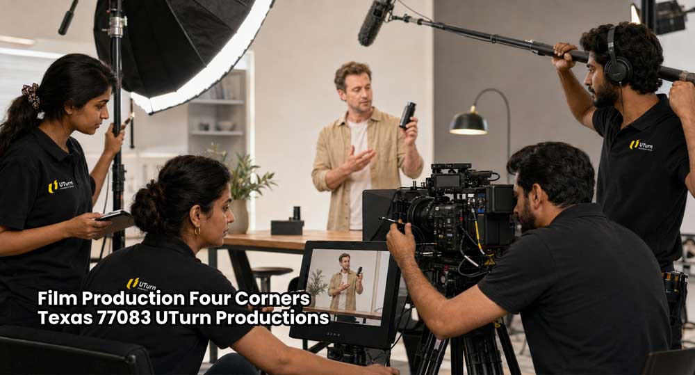 Camera team and crew managing a commercial studio set for film production Sugar Land content creation.
