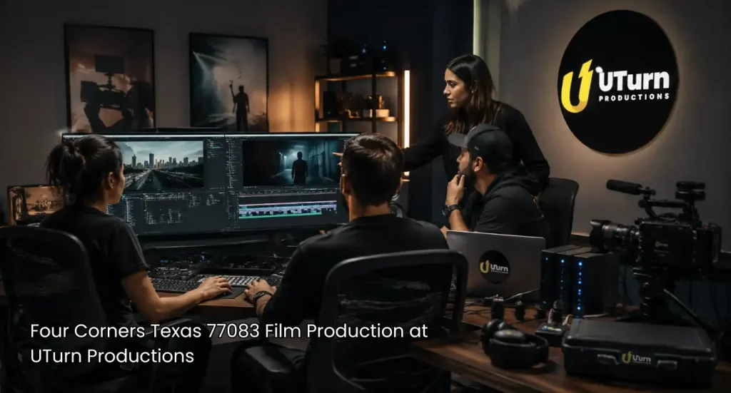 Video editors collaborating on footage in an editing suite for a leading film production Sugar Land company.