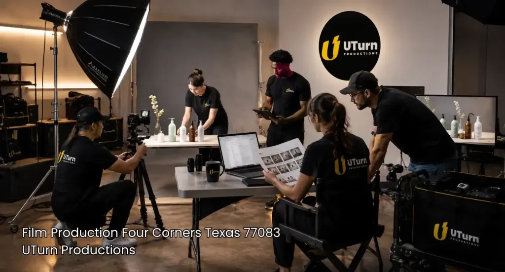 Media crew filming a commercial product shoot inside a top studio for film production Sugar Land services.