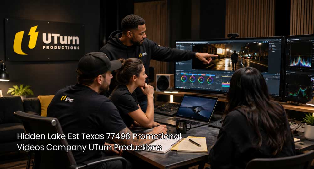 Promotional videos company Sugar Land editors reviewing branded footage on large monitors in a modern post-production studio.