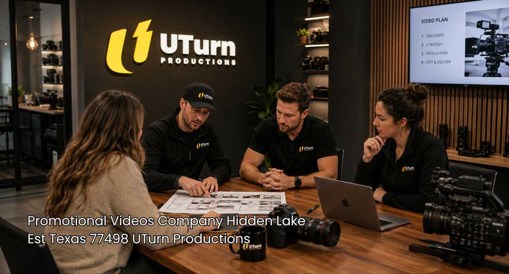 Promotional videos company Sugar Land team planning a business video with storyboards, cameras, and a client in studio.