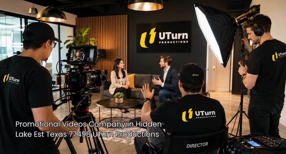 Promotional videos company Sugar Land crew filming a business interview with professional cameras, lighting, and direction.