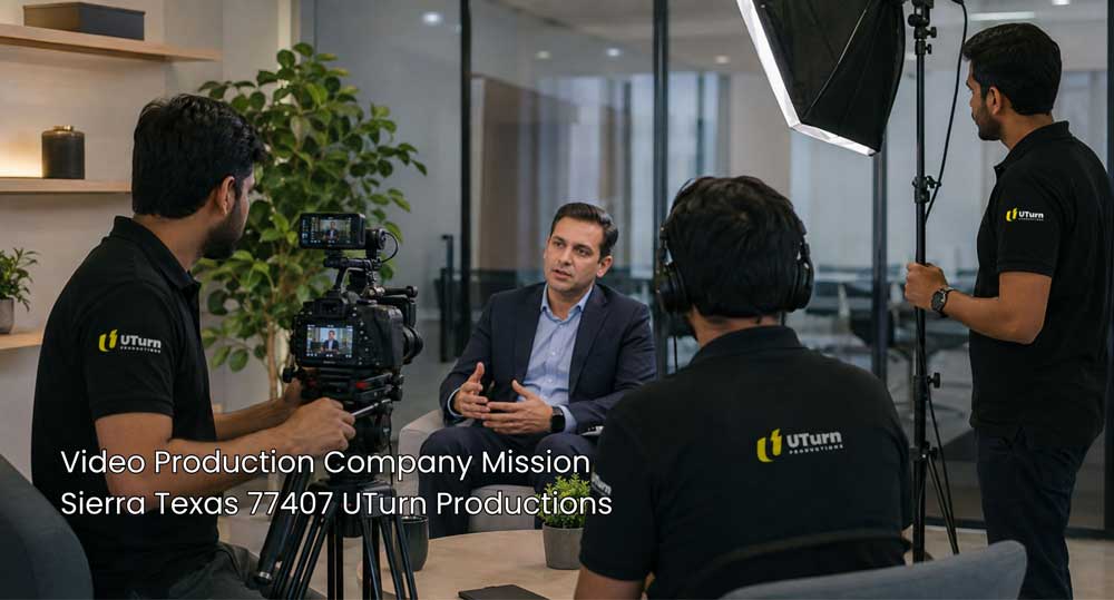 Sugar Land video production company crew filming a corporate interview using high-end video cameras and softbox lights.