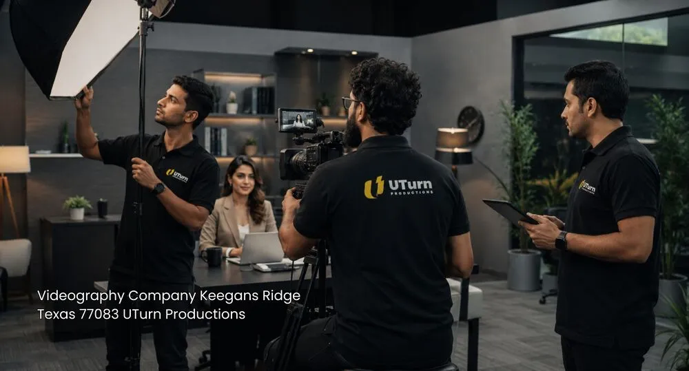 Expert videography company Sugar Land setting up studio lighting and camera gear for a professional client video.